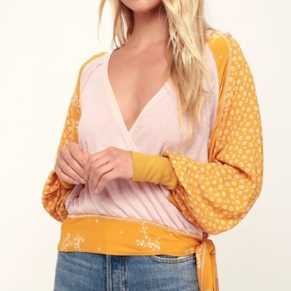 Free People Auxton Waffle Knit Wrap Mixed Media Top - Picture 1 of 15